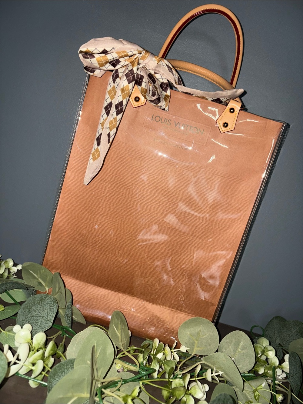 Louis Vuitton Tan Clear Tote with Patterned Scarf